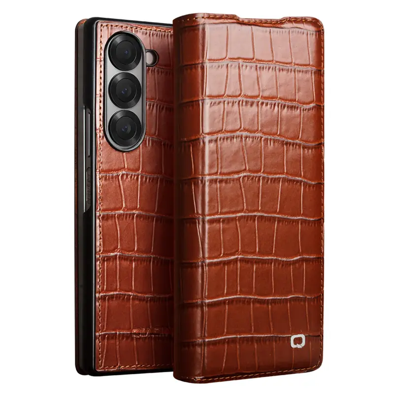 QIALINO For Samsung Galaxy Z Fold6 5G Case Crocodile Texture Genuine Cow Leather Flip Phone Cover - Black - Image 7