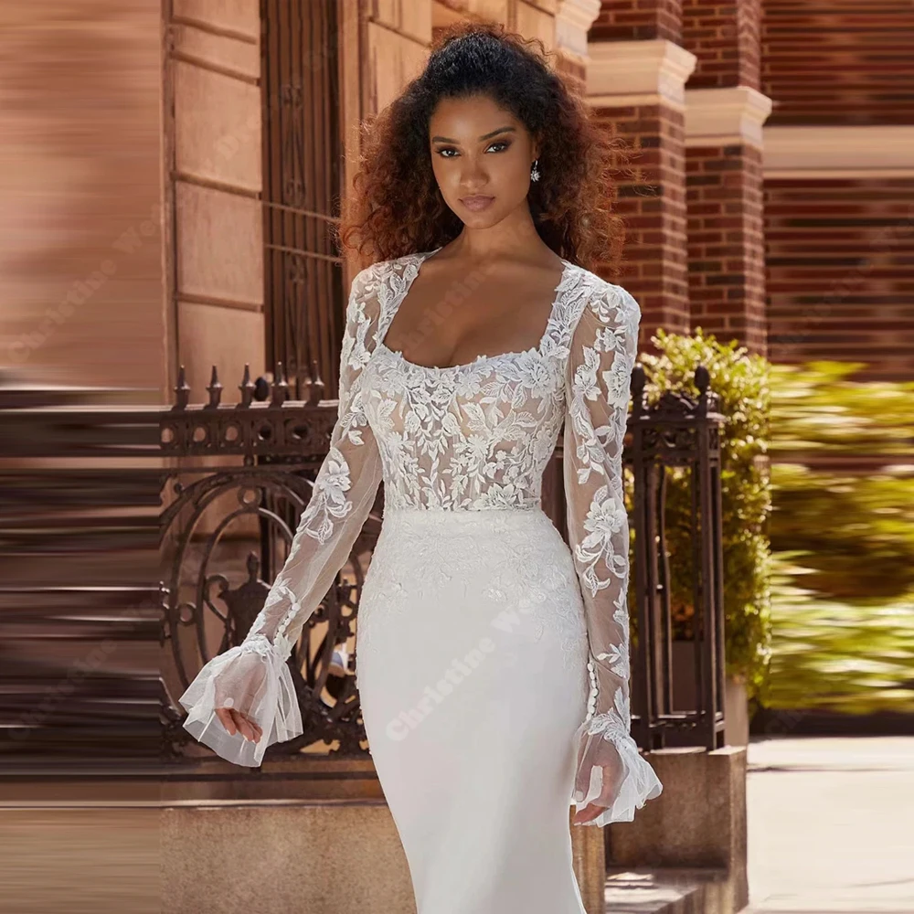 Elegant Long Sleeves Women Wedding Dresses Lace Printing Mermaid Wedding Gowns Mopping Length Ball Vestidos De Novias Customized 3