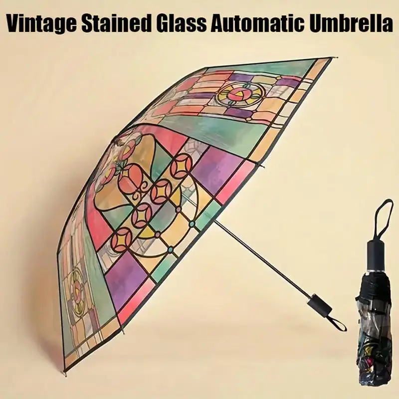 Vintage Stained Glass Automa Umbrella Glass Painted Transparent Vintage Parasol Portable Automatic Opening Folding Umbrella