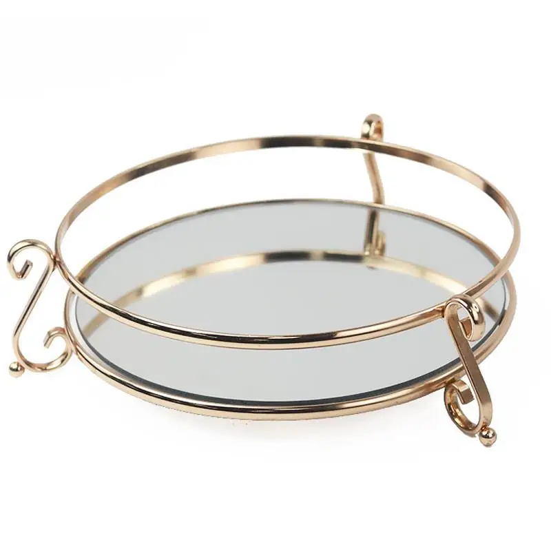 

European-style Home Glass Mirror Storage Tray Creative Geometric Wrought Iron Mirror Display Tray Round Storage Ornaments