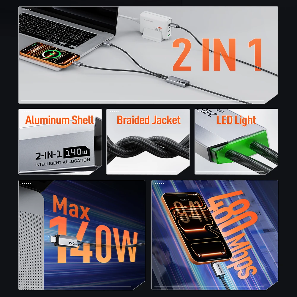 CABLETIME Dual Output USB C Cable - 140W Fast Charging & 480Mbps High-Speed Data Transmission