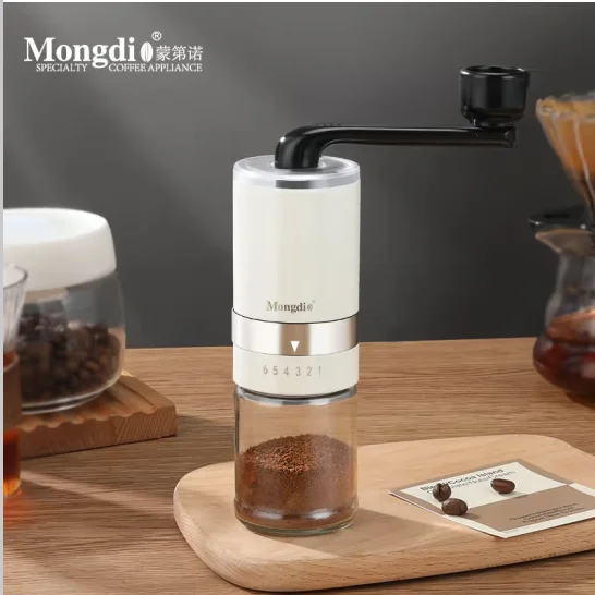 Mongdio Bean Grinder Manual Hand Shake Coffee Bean Grinder Hand Coffee Outer Scale 6-speed Grinding Ivory White
