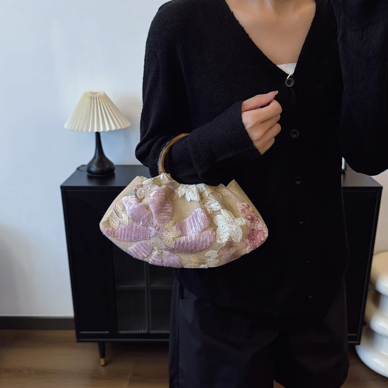 Floral Sequin Metal Top Handle Bag for Women Girls Pleated Clutch Purses Evening Clutch Bag Wedding Guest Dress Party Clutches