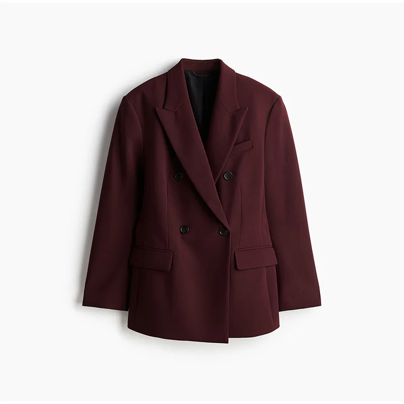 Fashion Burgundy Lapel Blazer Coat Women Elegant Double Breasted Full Sleeve Pocket Jacket Fall New Female Commute Outwear