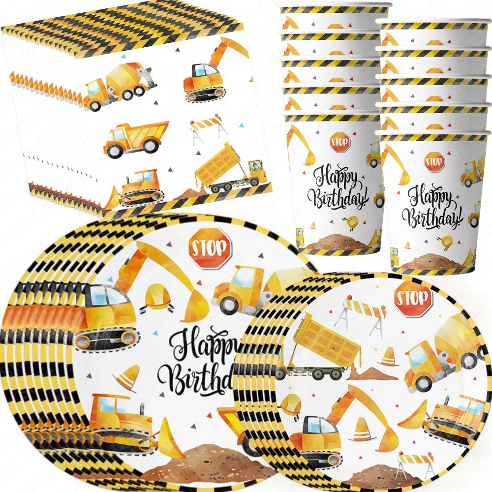 

Construction Party Disposable Tableware Set Tractor Truck Paper Cups Plates Napkins 10 Guests For Kids Boys Birthday Decorations