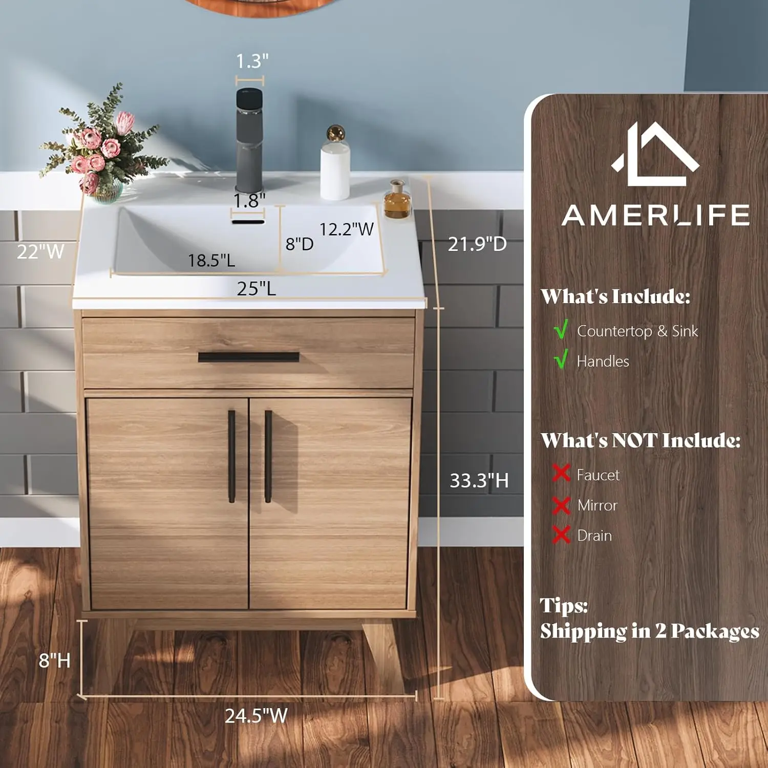 24.5" Bathroom Vanity with Sink Combo, Mid-Century Modern Small Single Bathroom Cabinet Set,Soft Closing Doors,Bath Vanity Brown 2