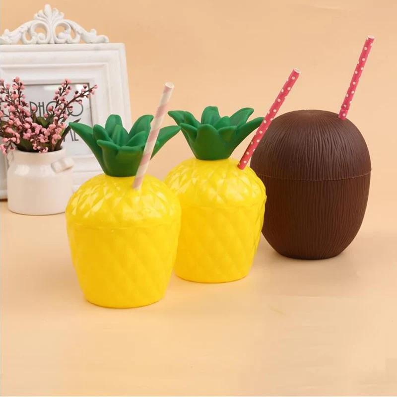 6/10pcs Hawaiian Summer Pineapple Coconut Drinking Cups Strawberry Shaped Juice Drink Cups for Birthday Wedding Beach Pool Party