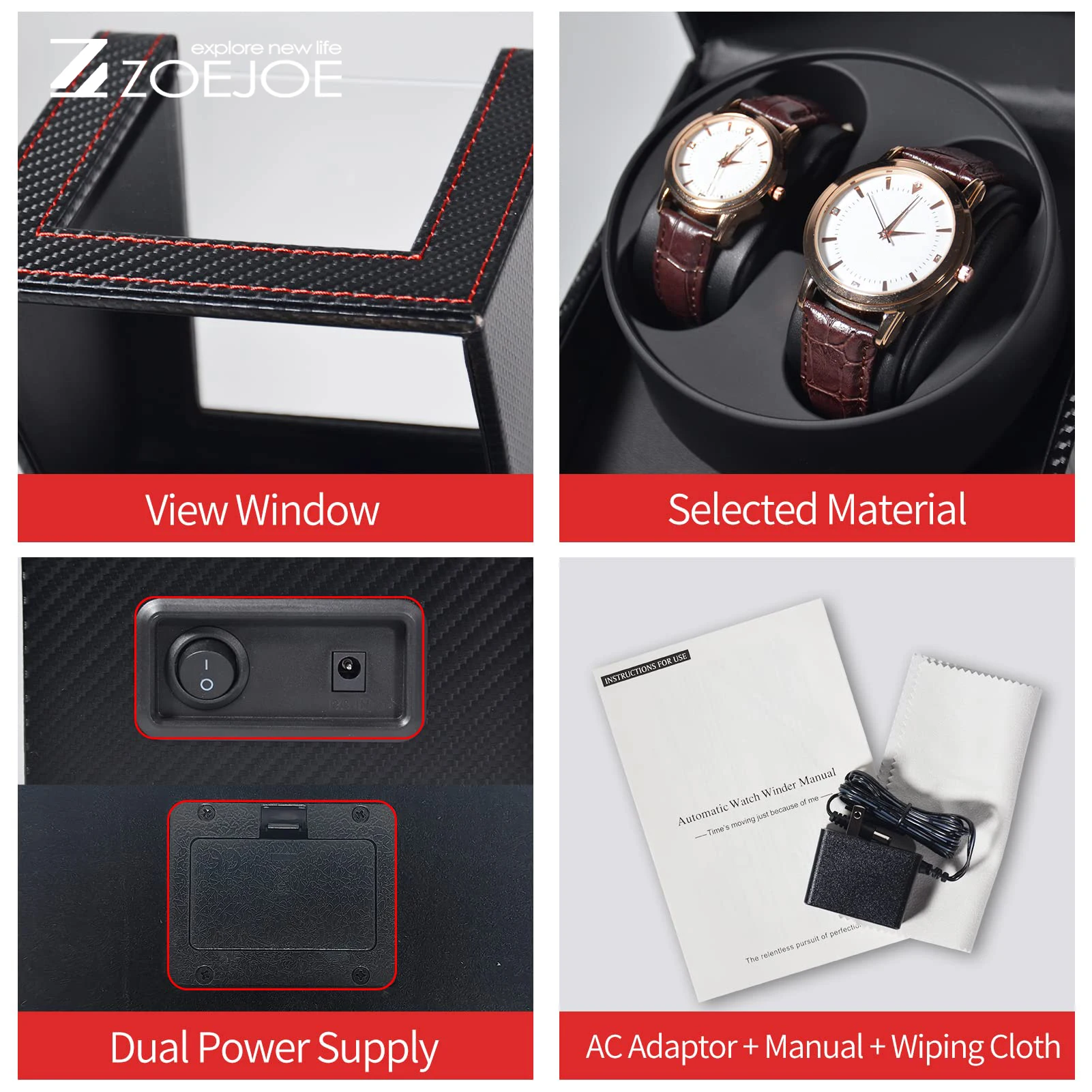 ZOEJOE 2+0 시계 와인더, 탄소 섬유 질감, 조용한 모터, 컴팩트 사이즈, 남성 여성을 위한 자동 기계식 시계 보관함