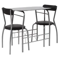 Sutton 3 Piece Space-Saver Bistro Set with Black Glass Top Table  Vinyl Padded Chairs 1