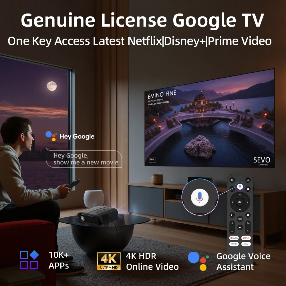 1000D Android TV Projector 2000ANSI Lumens, 4K Supported, Netflix Ready, Auto Focus, Widevine L1, Bluetooth Speaker, Home Cinema