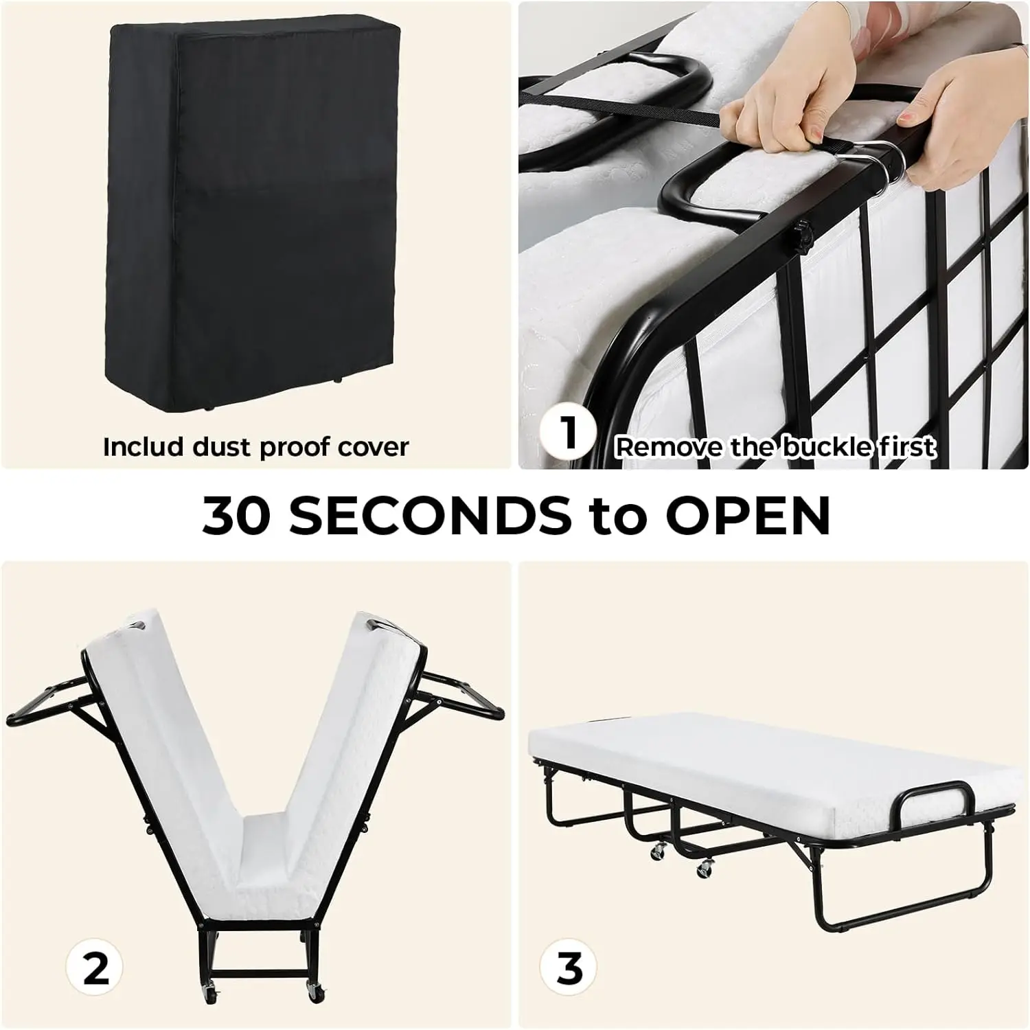 Folding Bed, Adult Guest Bed, Foldable 80x190cm with 10cm Thick Memory Foam Mattress, Single Portable Folding Bed w/ wheels