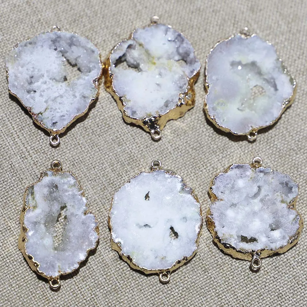 Natural Stone White Agates Irregular Pendants Slice Double Hole Connector Jewelry Making DIY Necklaces Bracelet Accessories 6Pcs