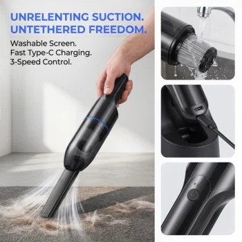 Portable Car Vacuum Cleaner Handheld High Suction 9000PA USB-C Charging High Battery Life 4000mAh Battery Quick Cleaning 1