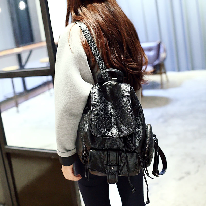 Fashion Women Backpacks Soft Washed PU Leather Travel Bag Female Drawstring Backpack High Capacity School Bags for Women 3