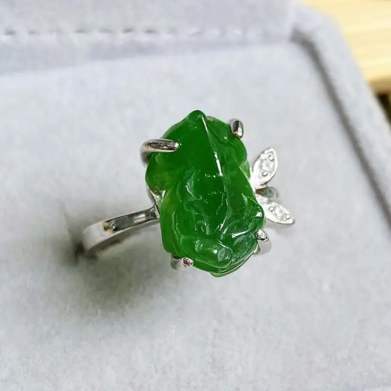 

Кольцо фэн-шуй пиксиу с зеленым нефритом категории А, кольцо с мантрой, серебряные кольца хэтяня нефрита, кольца храбрых войск, Женский амулет на удачу