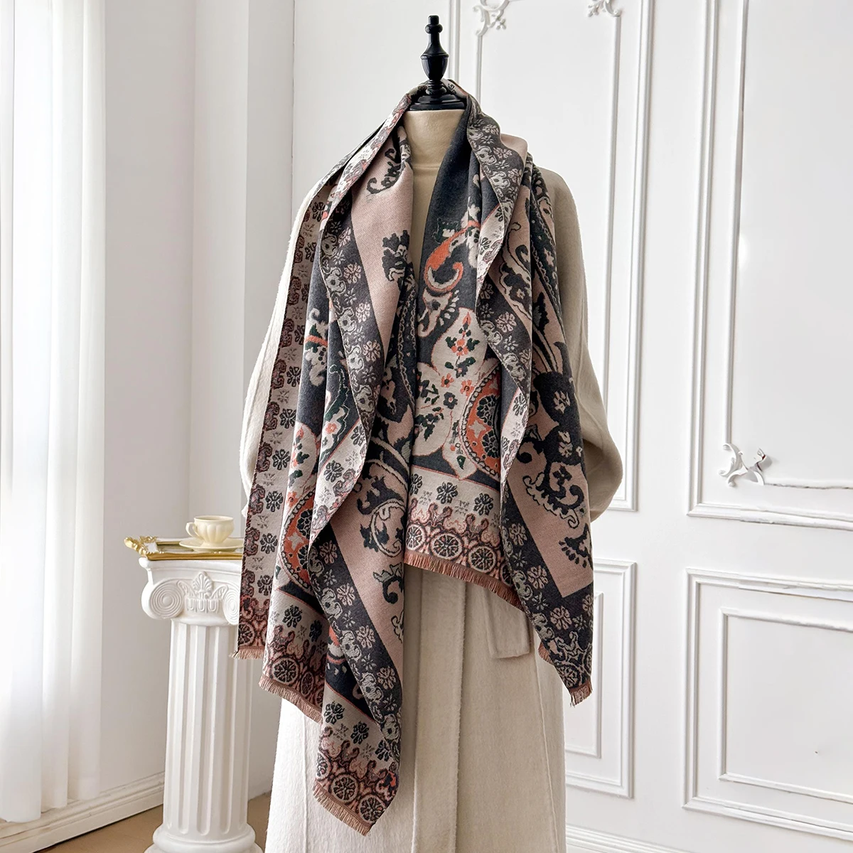 Brand Fashion Winter Cashmere Shawl for Women - Tasseled Flower Printed Pashmina Scarf, Thick Warm Wrap & Poncho