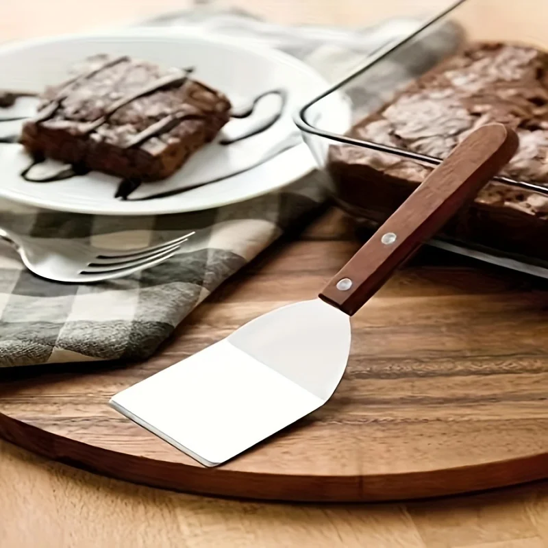 1pc, Brownie Spatula, Stainless Steel Brownie Spatula With Wooden Handle, Stainless Steel Pizza Shovel, Spatula For Cake Pizaa