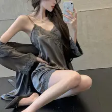 

Silk Two-piece Robe Set Nightgown Lace Ice Sense Aut Thin Sexy Satin Sling Nightgown Sleepwear Women Pyjama Sleep Tops Robe Sets