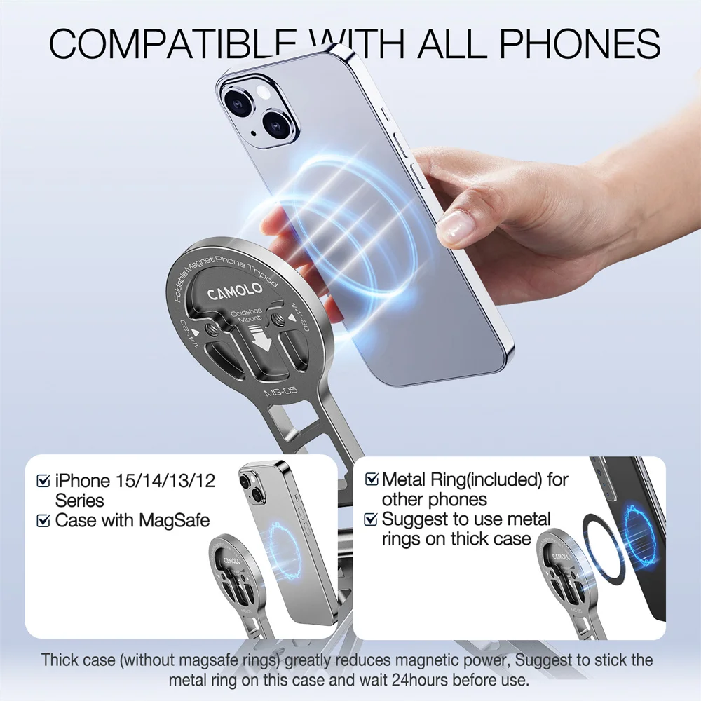 Aluminum Magnetic Selfie Stick phone tripod w Arca Plate 1/4-20 Cold Shoe Foldable Phone Tripod Mount for Magsafe Iphone 15 14 Samsung
