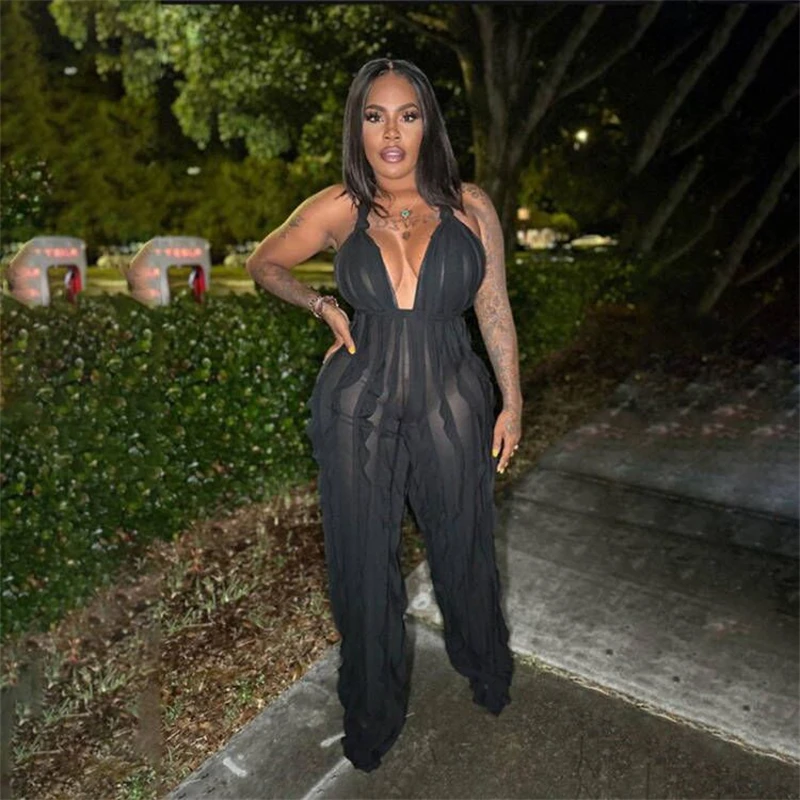 

Ruffles Mesh Sexy Jumpsuits Women Elegant Sleeveless Bandage Halter Backless Romper Wide Leg Pants One Piece Summer Beach Style