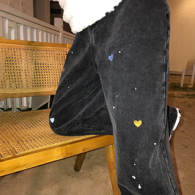 

2023 New Spring and Autumn Fashion Black Straight Jeans Women High Waist Embroidery Loose and Thin Wild Long Pants Streetwear