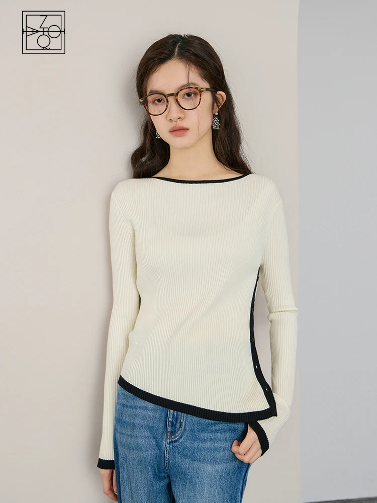 

ZIQIAO Temperament Long Sleeve Knitted Shirt For Women's Spring Autumn 2023 New Underlay Design Sense White Black Tops