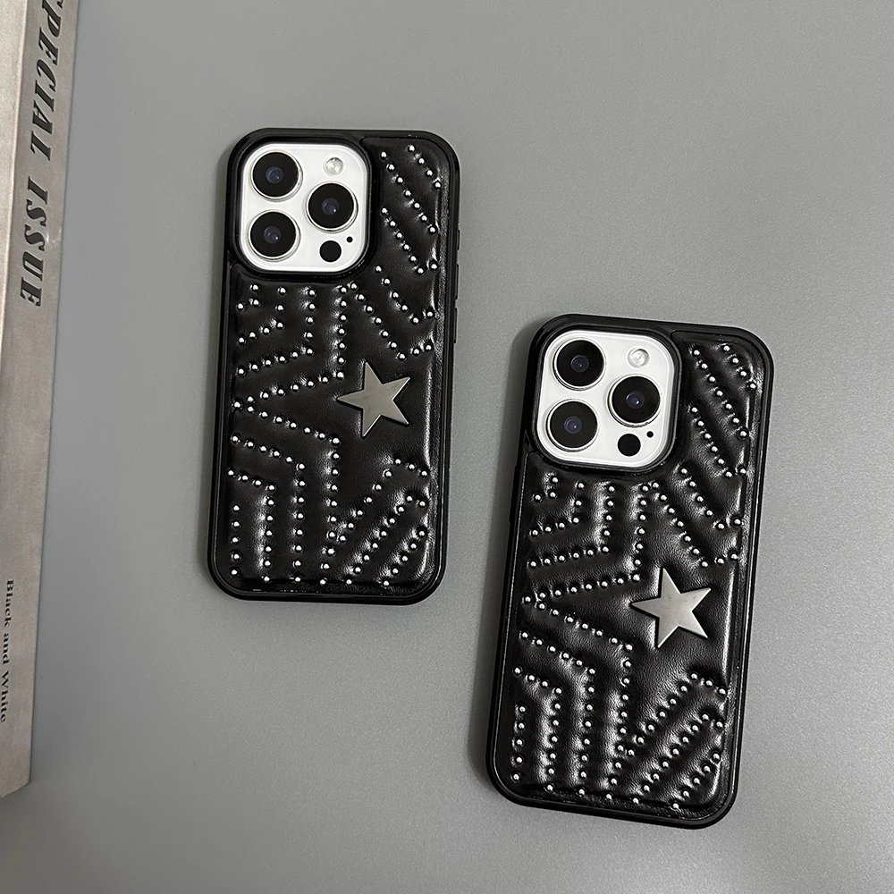 Fashion Silver Rivets Five-pointed Star Leather Shockproof Phone Cover Case for iPhone 17 16 15 14 Pro Max 13 Protective Case view 2