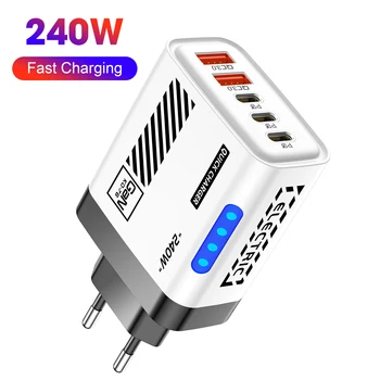 Caricatore GaN USB C a 5 porte Caricatore rapido PD da 240 W Adattatore per telefono Caricatore da muro per iPhone Samsung Xiaomi Huawei Spina di ricarica rapida