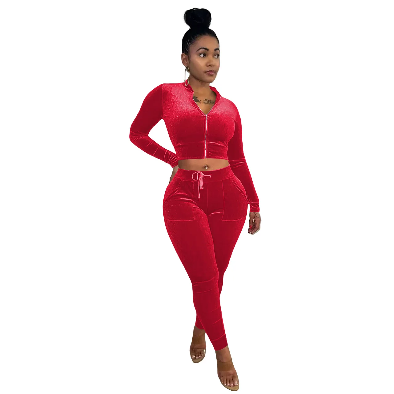 Women's Two-Piece Jogging Set Fall Winter Sports Suit Leisure Ladies Long Sleeves Velvet Jacket Coat & Pencil Pants Outfits