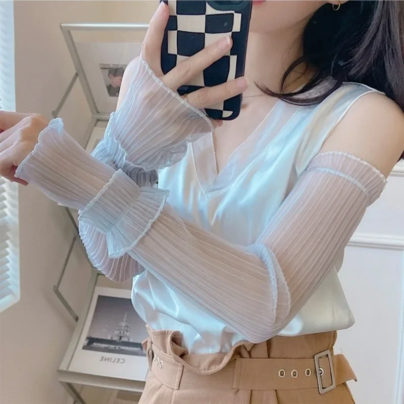 Arm sleeves summer long sun-protective sleeves lady sun protection fingerless thin lace mesh arm sleeve anti-UV sunscreen breathable mittens