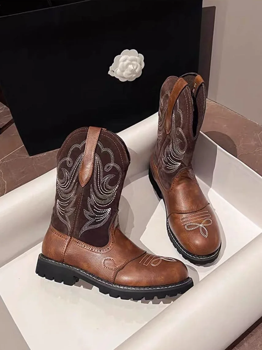 

British Style Retro V-Neck Embroidered Western Cowboy Boots Round Toe Chunky Mid-Calf Botines Slip-On Patchwork Ankle Boats