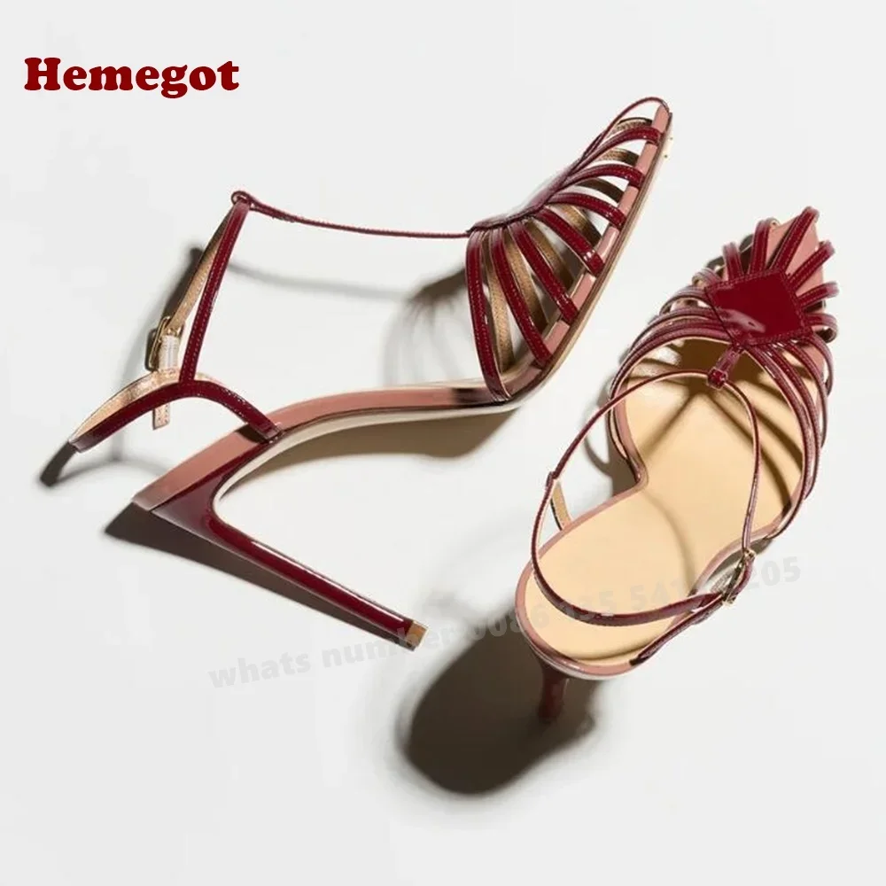 Pointy Toe Stiletto Slingback Buckle Women's Sandals Cut Out T-Strap Sandals Thin High Heels Sexy Splicing Party Shoes Summer