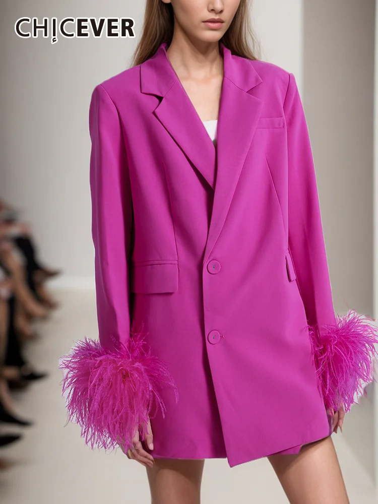 

CHICEVER Solid Fashion Dress For Women Notched Collar Long Sleeve Patchwork Feathers Loose Spliced Button Spring Dresses Female