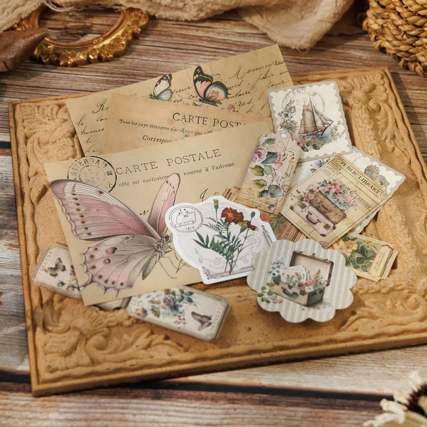 山とプレーンの古い夢シリーズ、ヴィンテージ植物花蝶素材、DIY