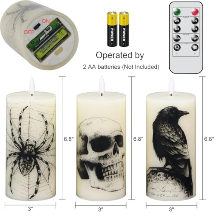 Halloween Flickering Candles Remote with Skull Spider Web Crow Raven Decals Set of 3 Battery Operated Halloween Themed LED Cand