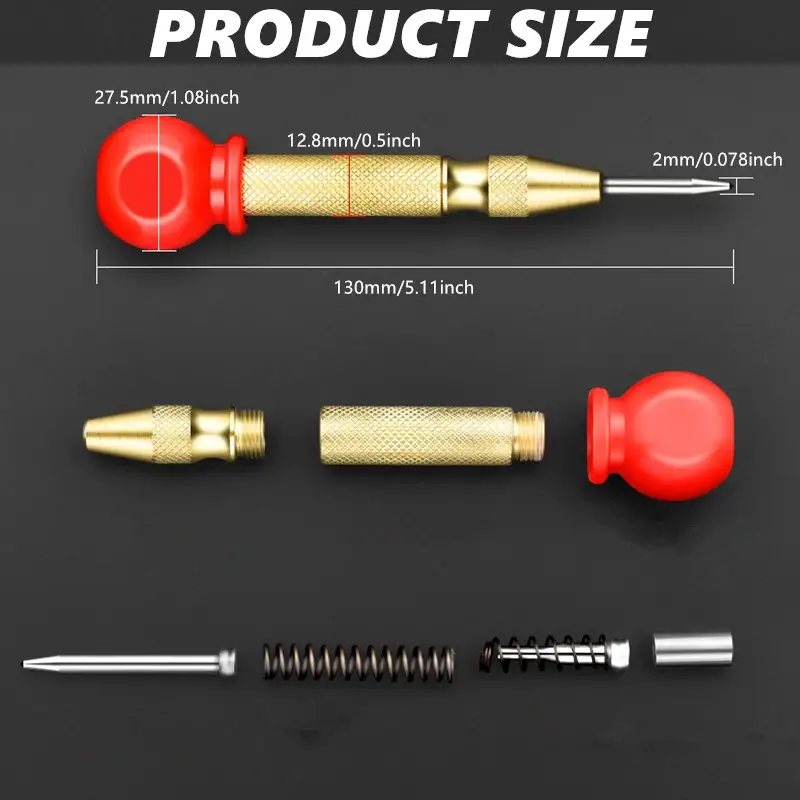 1pc Automatic Center Punch, 5" Spring Center Punch, Adjustable Tension, Red Grip image 3