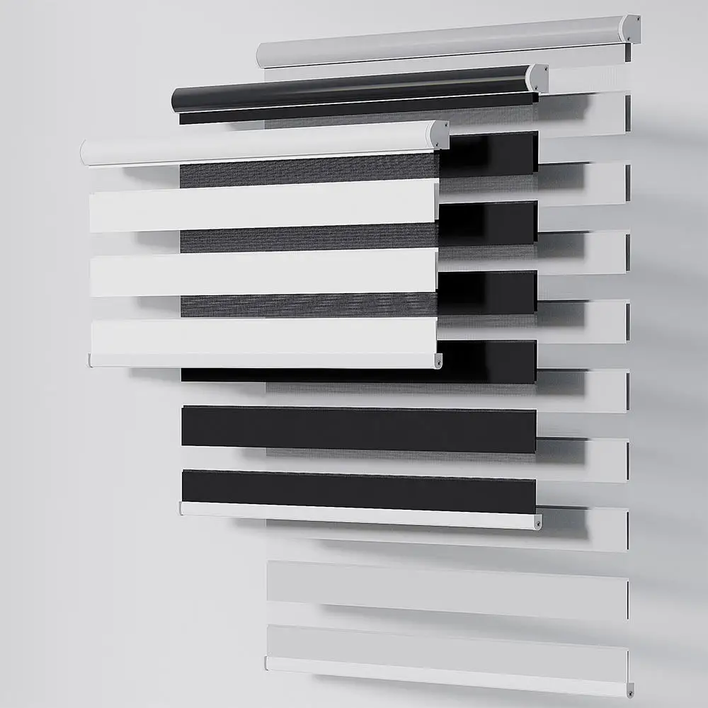 ม่านม้วนแบบซีบร้า ผ้าสองชั้น ปรับแสงได้ด้วยมอเตอร์  ป้องกันแสง 80% ควบคุมด้วยเสียงและตั้งเวลาได้ สำหรับห้องนอน 1