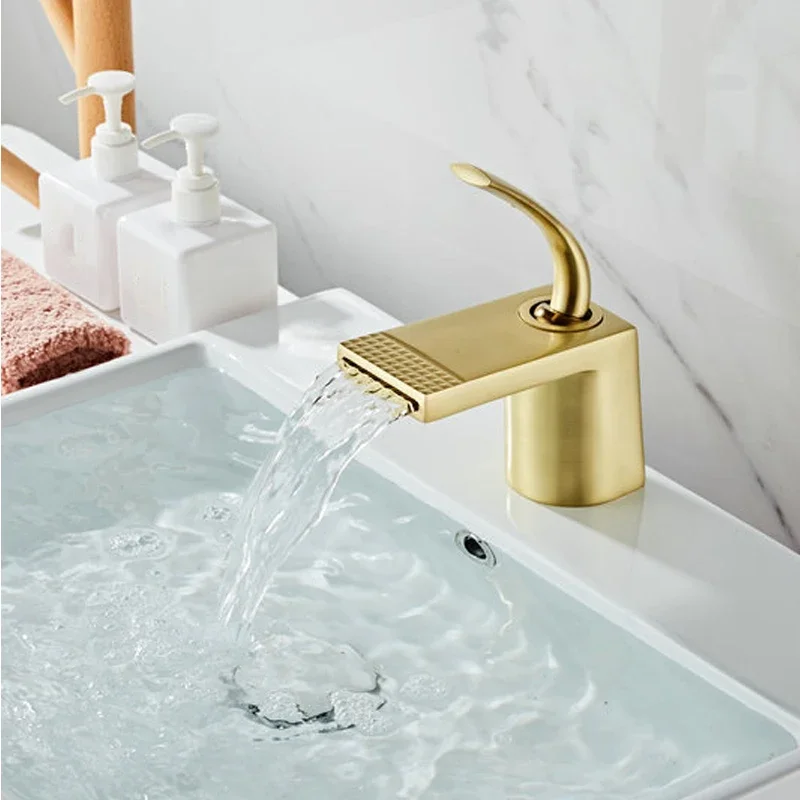 

Brass Waterfall Basin Sink Faucet Black Gold Faucets Bath Faucet Hot Cold Water Mixer Vanity Tap Deck Mounted Washbasin Taps