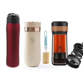 Great Christmas Gift! Portable French Press Coffee Maker 12 oz Stainless Steel Mug Thermos Pot, Perfect Coffeeware Teaware for T