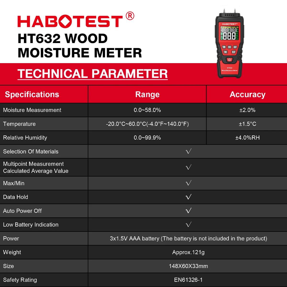 HABOTEST HT632 Digital Wood Moisture Meter Wall Water Tester Humidity Meter Two Pins Hygrometer Concrete Cement Brick Detector wood moisture meter
