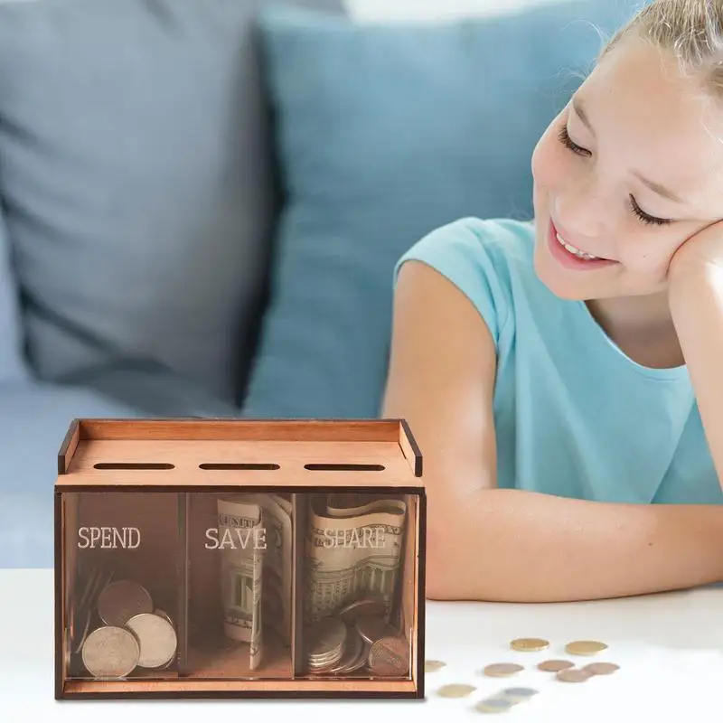 Money Saving Box  3 Compartments Wooden Removable Coin Saving Organizer Portable Home Coin Banks for Holiday Gift Money Box 2
