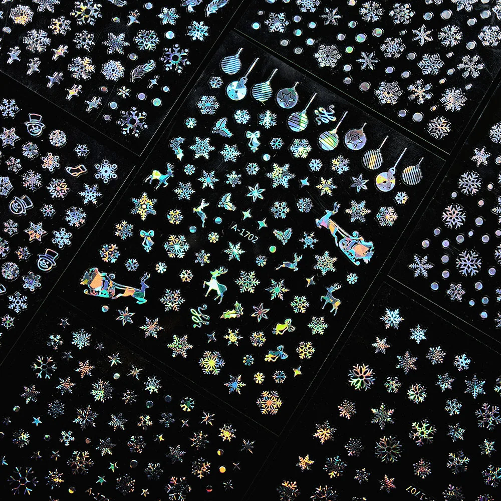 Laser Silver Christmas Nail Stickers Set Winter Elk Snowflake
