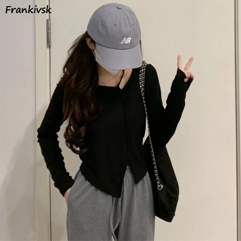 

Футболка женская с длинным рукавом, модный базовый однотонный облегающий элегантный повседневный топ в Корейском стиле, весна-осень