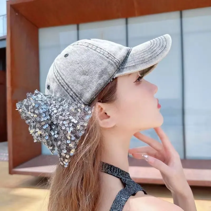 

Cool Girl Summer Autumn Women's Baseball Caps Original Sequins Bows Sun Hat Jeans Fashion Hat for Women Gray Visors 2023 H002