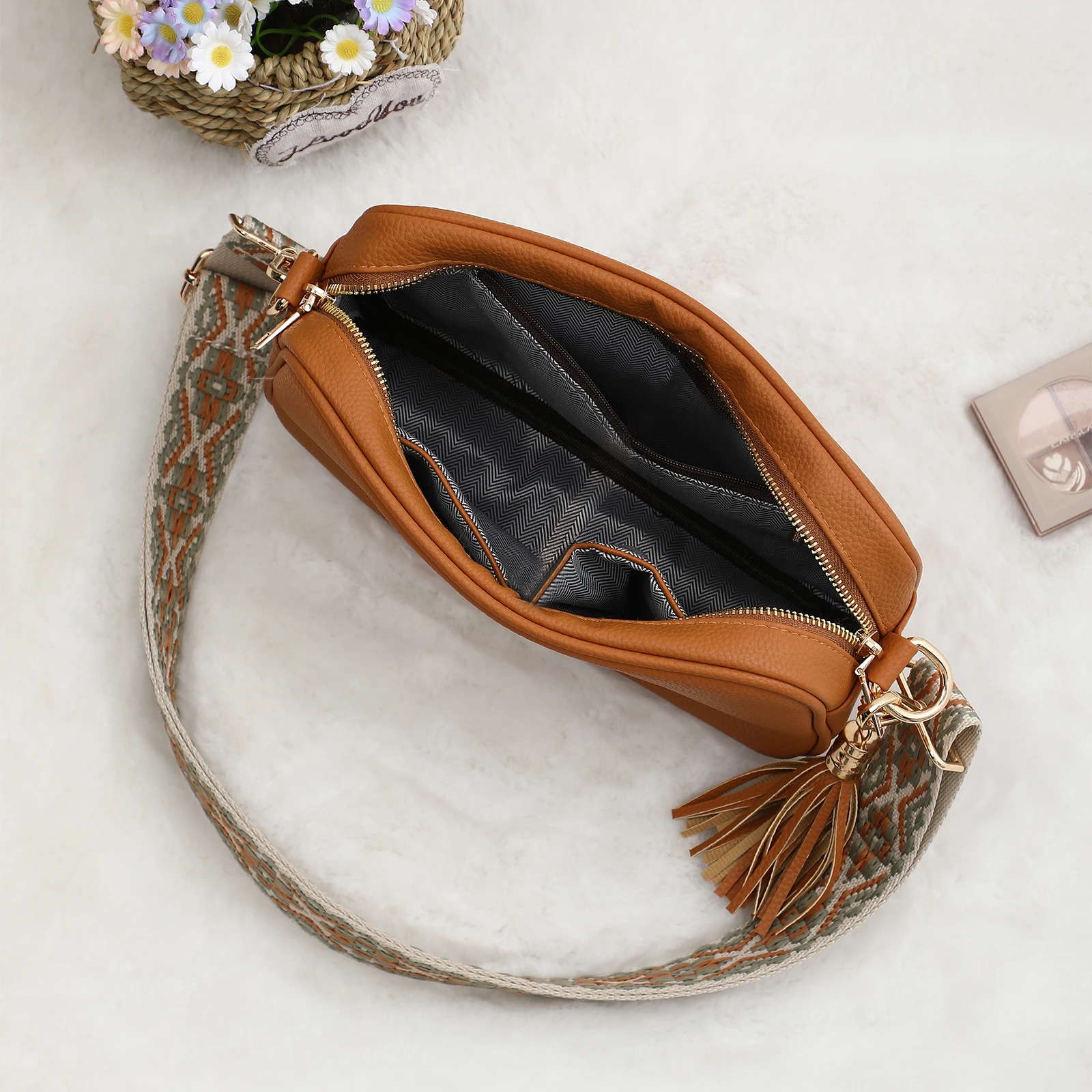 Small Sling Bag For Women Crossbody Tassel Faux Leather Trendy Shoulder Bags Solid Color With Guitar Strap Ladies