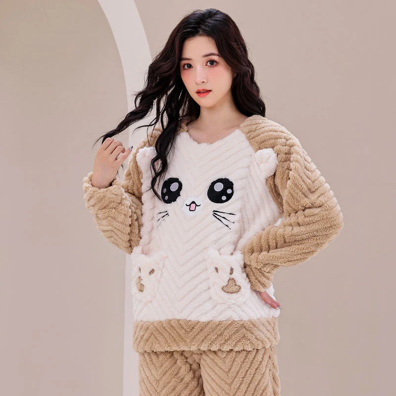 Brand Print Autumn Winter Warm Sleepwear Sets Women Pajamas Pajamas Set Large Size Pajamas Korean Hooded Zipper Pocket Thick