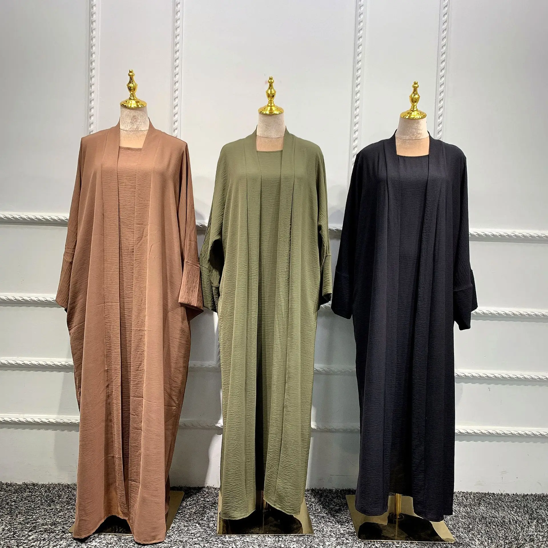Ramadan Eid Mubarak Kaftan Sleevelss Vest Dress+open Abaya Hijab Loose Islamic Sets Dubai Turkey Muslim Kimono Lady Djellaba XXL