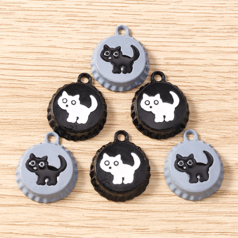 Tusember 10 Stück 18*21mm Emaille-Anhänger mit niedlichen Flaschendeckel-Katzen für DIY-Ohrringe, Armbänder, Schmuckherstellung, Zubehör
