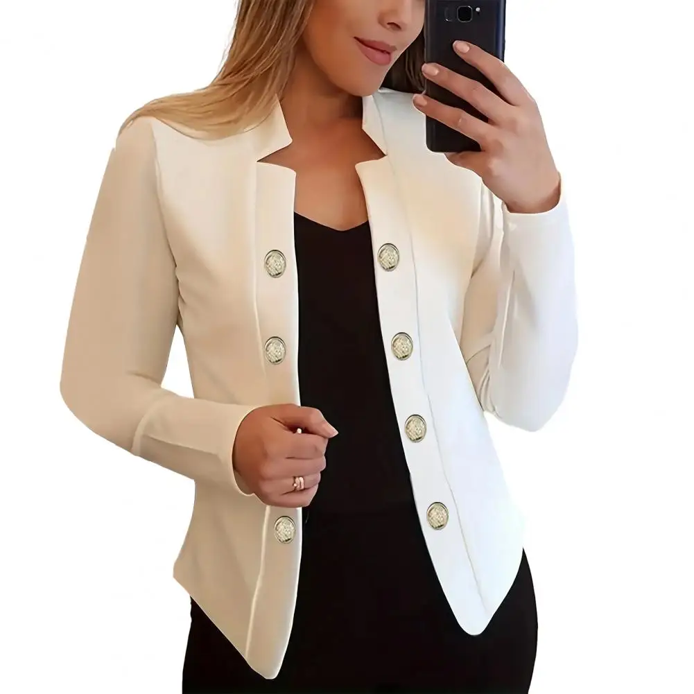 

Women Coat Notch Collar Long Sleeve Solid Color Cardigan Button Decor Thick Warm Formal Business Style OL Commute Office Coat