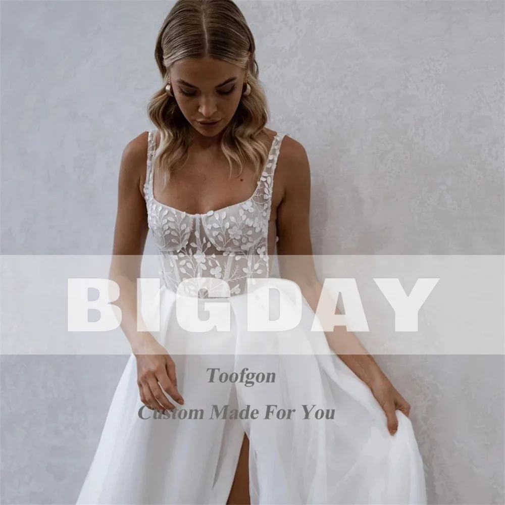 A-Line Wedding Dress Women Lace Open Back Square Collar Spaghetti Straps Split Bridal Gown Train Vestidos De Noiva Customized 5